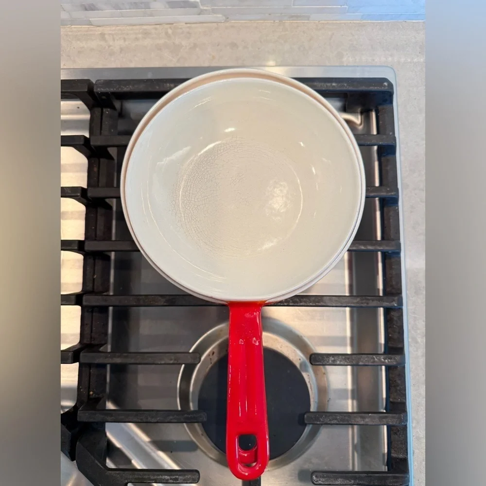 DESCOWARE Vintage 70s Belgium Orange Enamel Cast Iron Sauce Pan‎ Skillet Lid